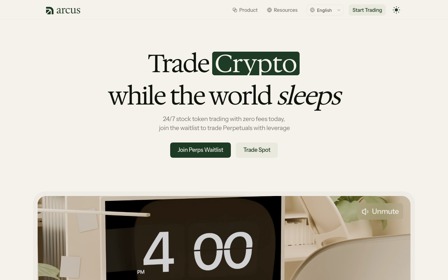Arcus homepage advertising 24/7 stock token trading with zero fees