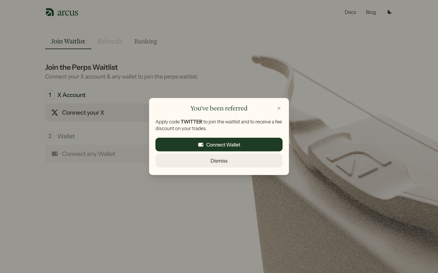 Arcus perps waitlist showing a referred signup with code TWITTER