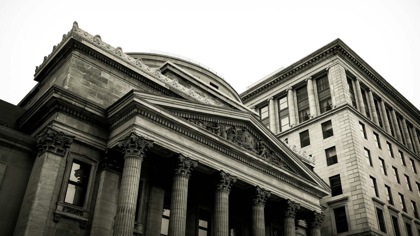 Stone bank facade with columns