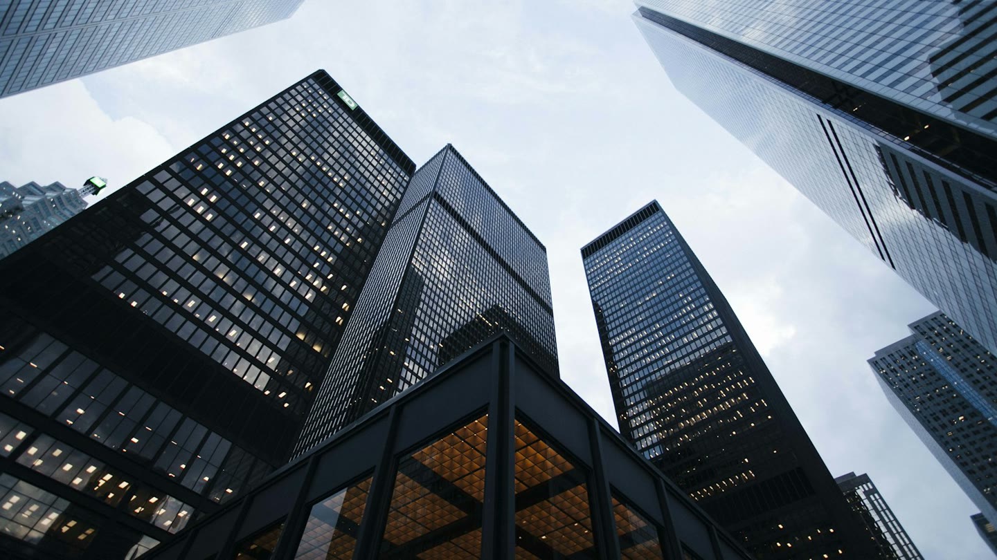 Looking up at stacked office towers