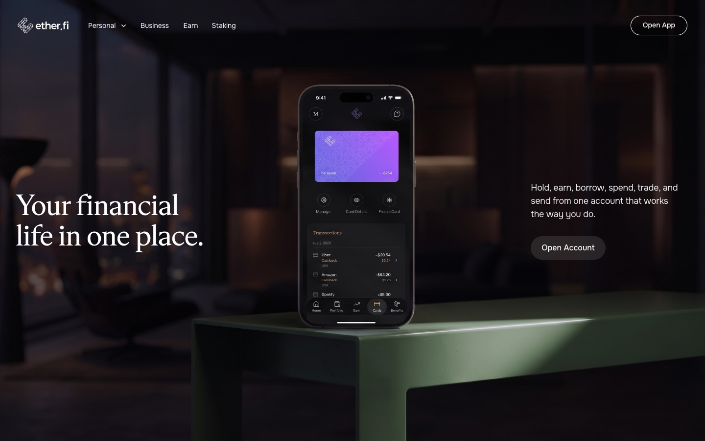 ether.fi Cash marketing page showing the mobile card app