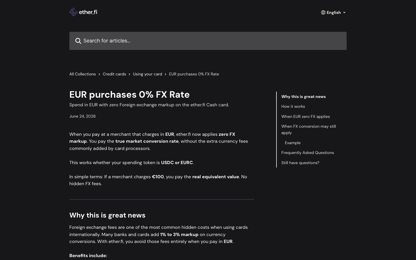 ether.fi help article titled EUR purchases 0% FX Rate dated June 24, 2026