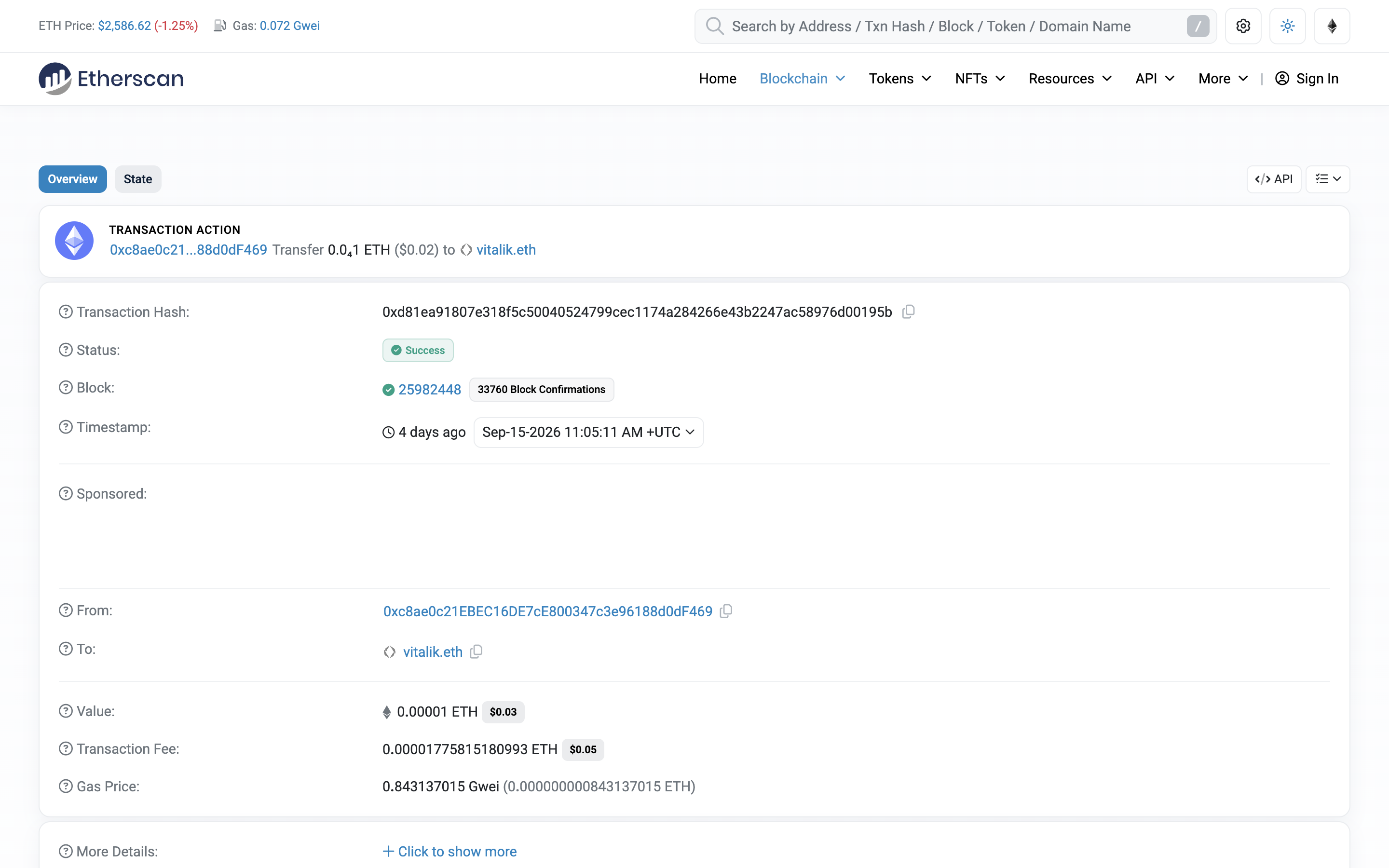 Etherscan transaction page showing Success status, block 25982448 and 33760 block confirmations