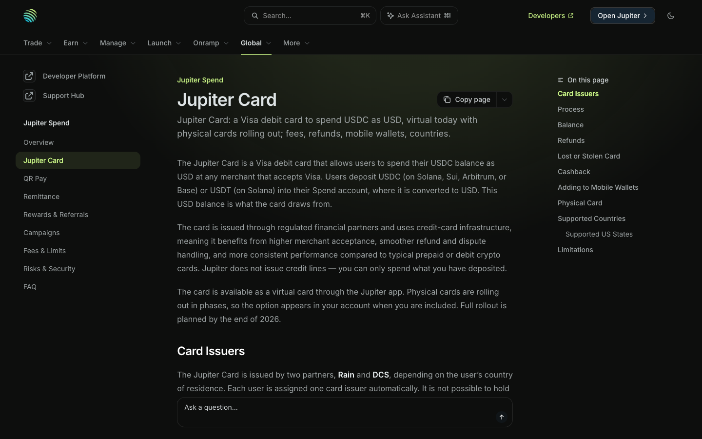 Jupiter documentation page for the Jupiter Card describing a Visa debit funded with USDC