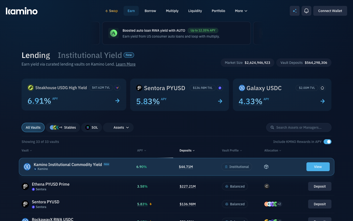 Kamino Earn page listing vault APYs and deposits