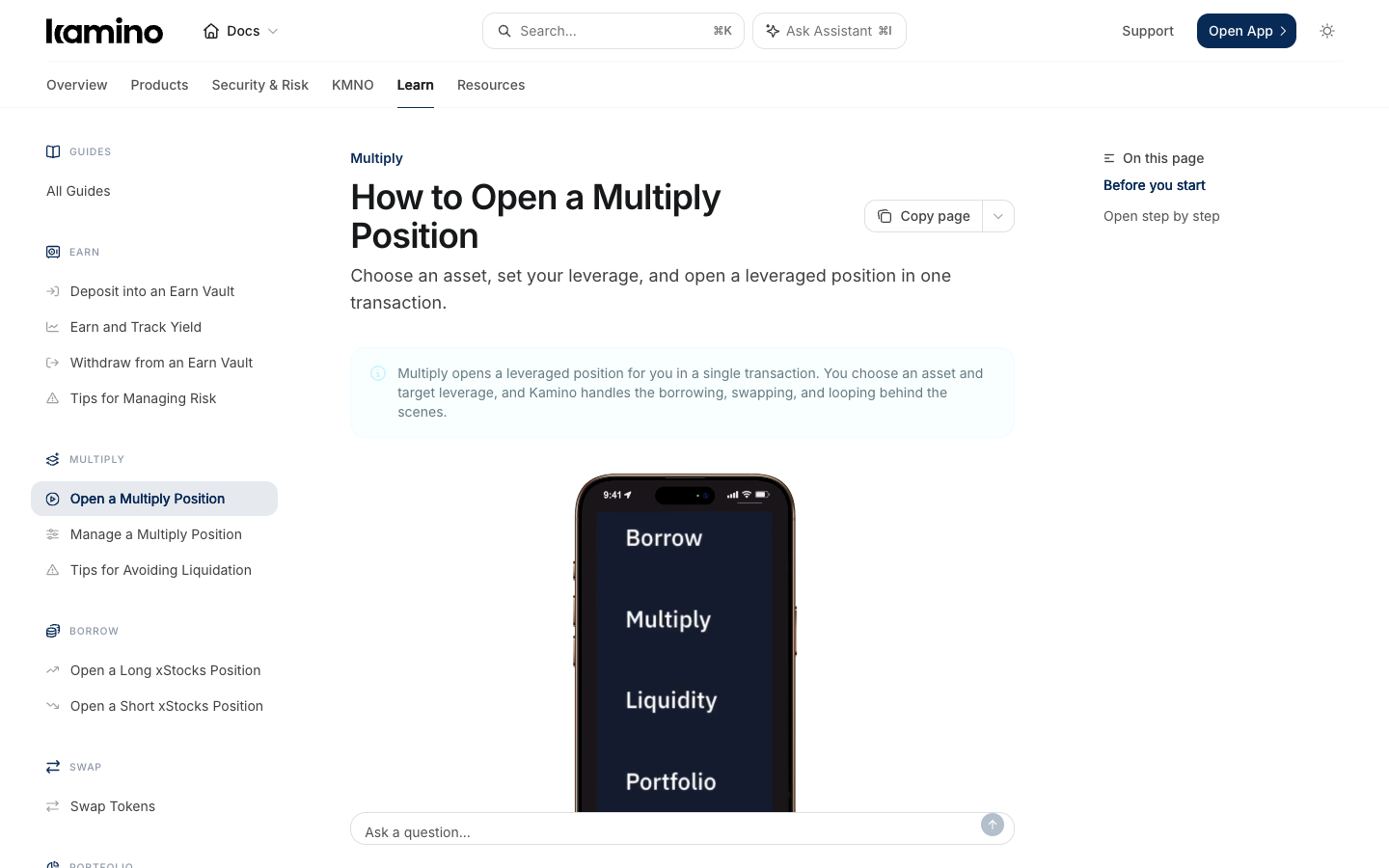 Kamino docs page How to Open a Multiply Position