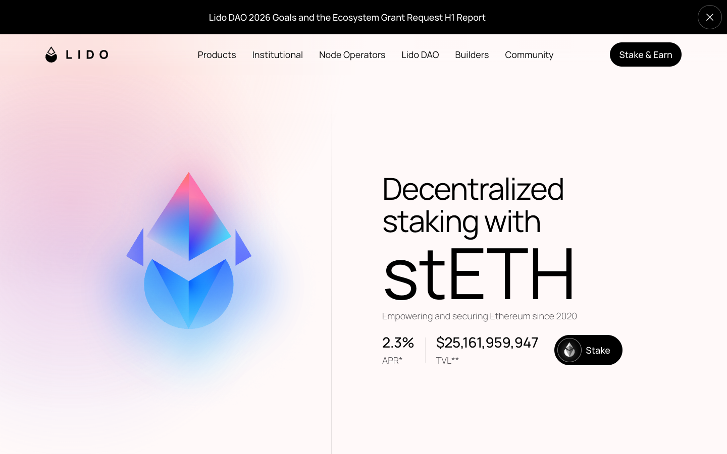 Lido homepage showing decentralized staking with stETH, 2.3 percent APR and $25.2 billion TVL