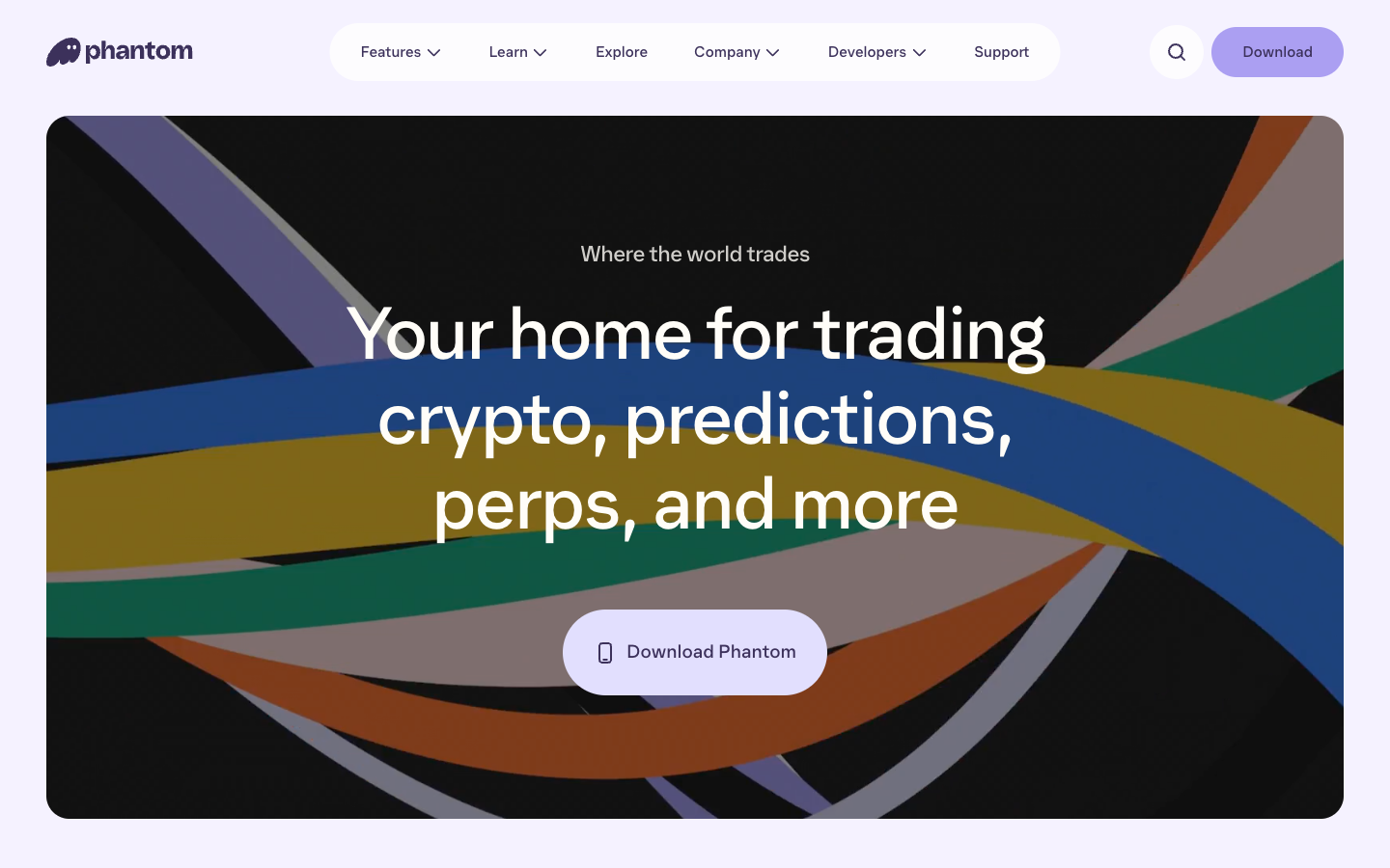Phantom homepage calling itself a home for trading, predictions and perps