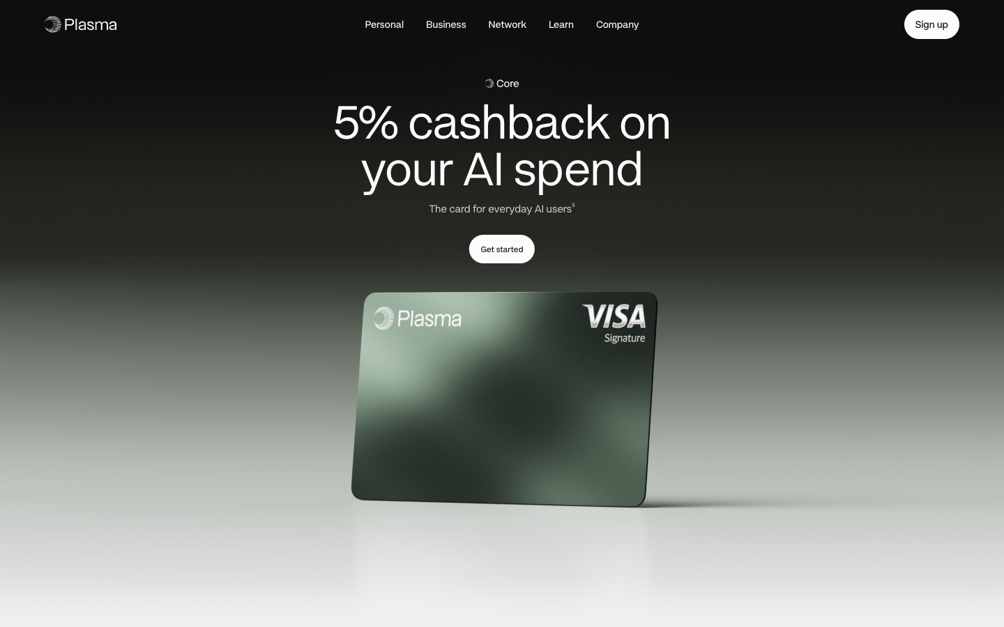 Plasma One Core page advertising 5% cashback on AI spend and a Visa Signature card