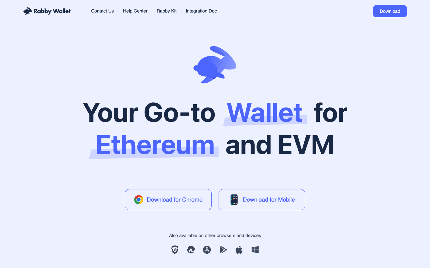 Rabby Wallet homepage describing itself as a wallet for Ethereum and EVM chains