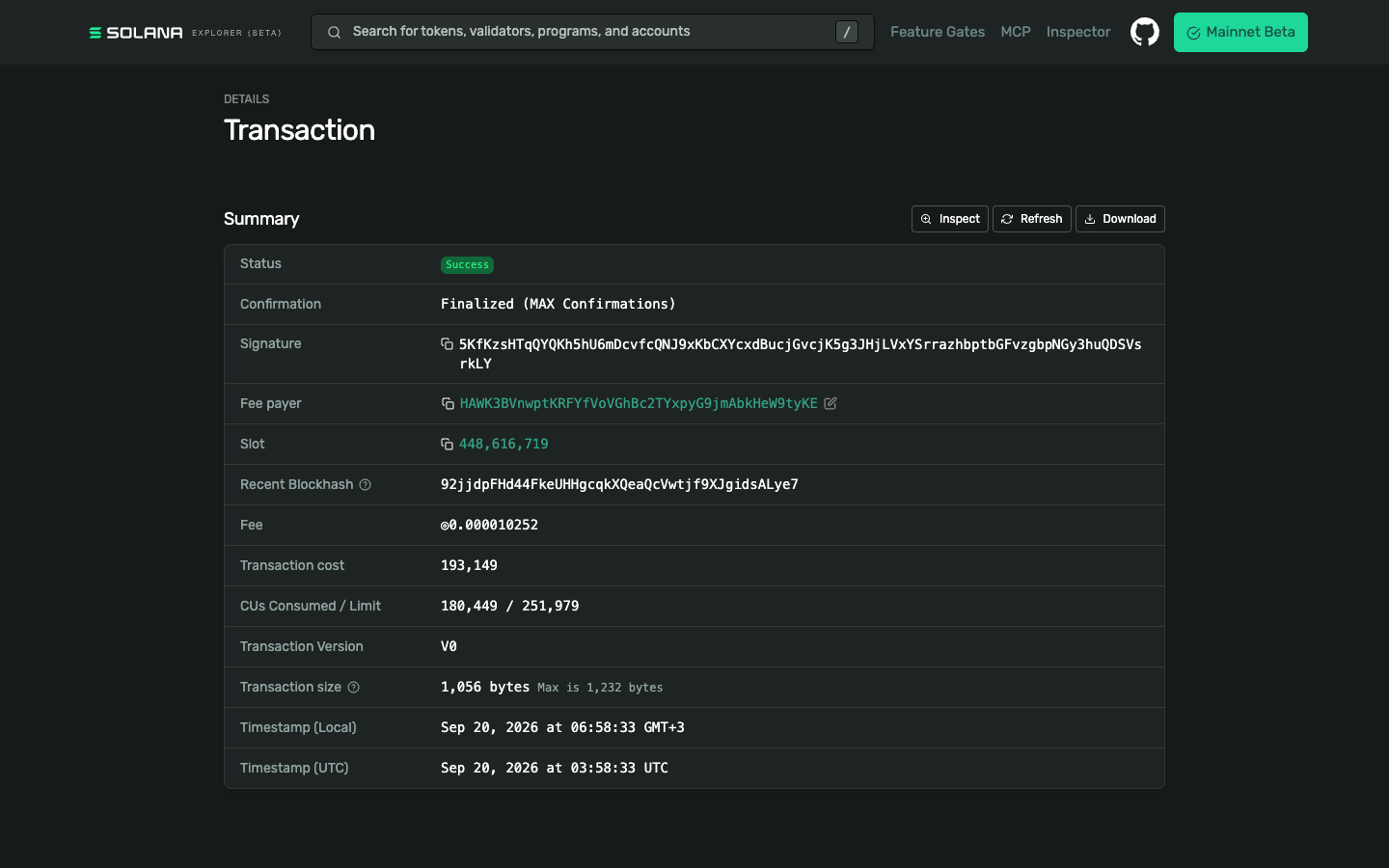 Official Solana explorer transaction page showing Success and Finalized MAX Confirmations