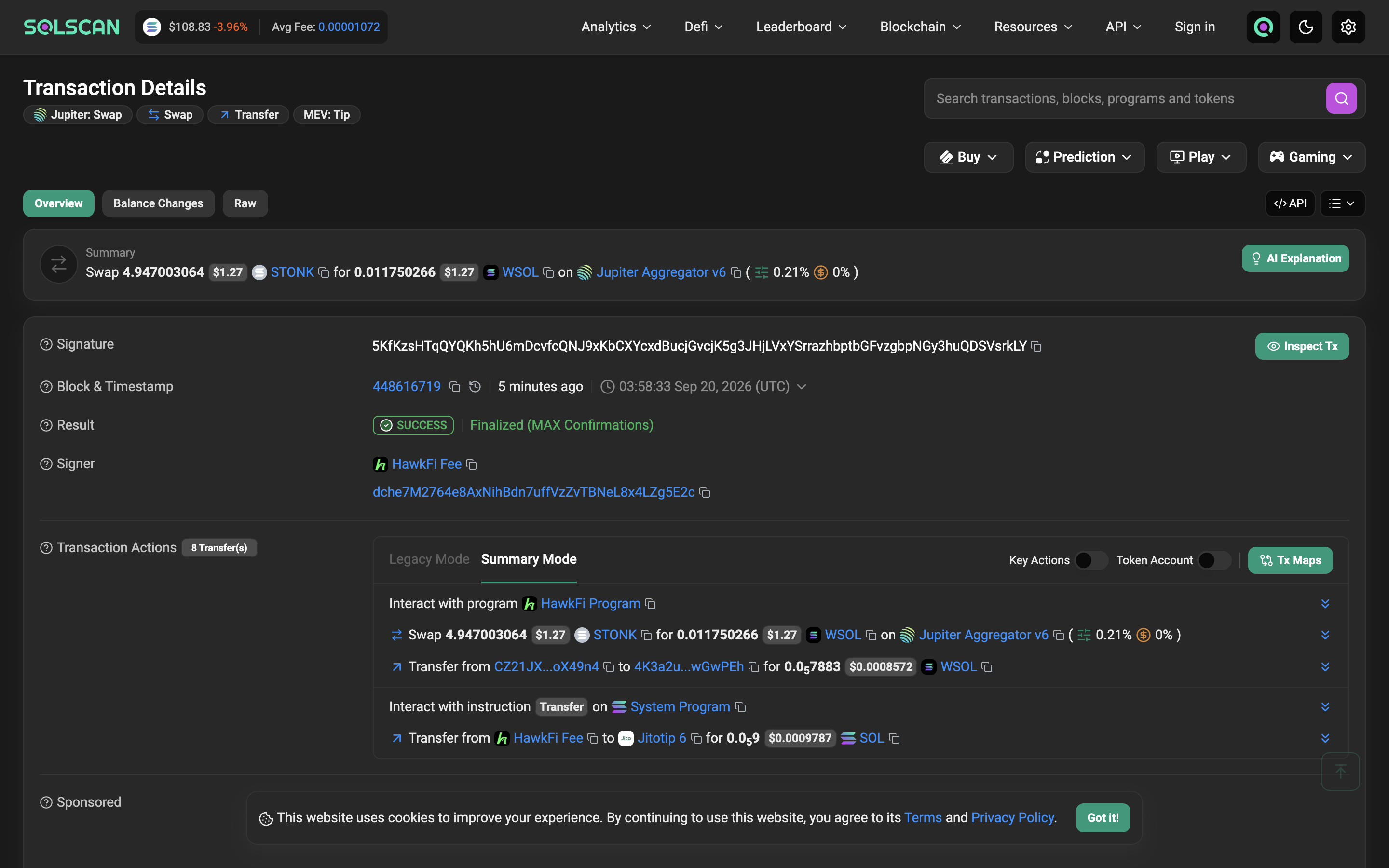 Solscan transaction page showing SUCCESS and Finalized MAX Confirmations